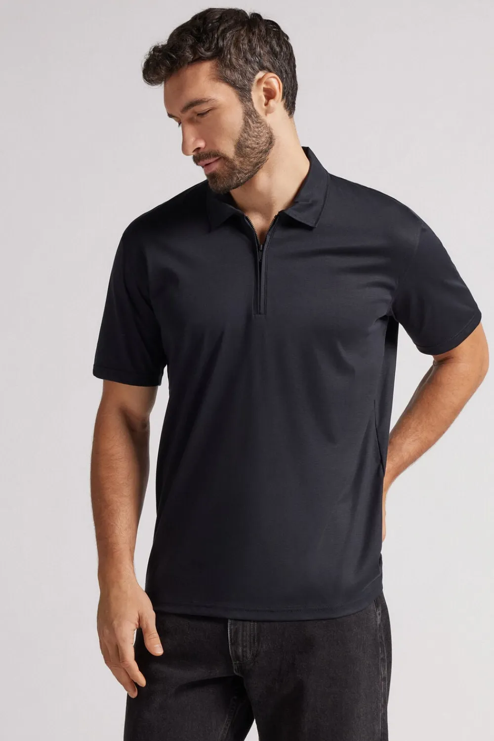 Polo|Merceryzowana Bawełna Filo Premium>Intimissimi Koszulka Polo z Krótkim Rękawem Zapinana na Zamek z Merceryzowanej Bawełny filo Premium czarny - 019 - czarny