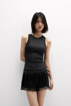 Topy|Bawełna Lamé>Intimissimi Koszulka w Prążki z Bawełny Lamè czarny - 052k - nero lame'