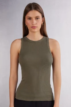 Topy|Bawełna>Intimissimi Koszulka w Prążki z Bawełny Superior zielony - 660j - safari green