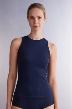 Topy|Bawełna>Intimissimi Koszulka w Prążki z Bawełny Superior niebieski - 1467 - intensywny niebieski