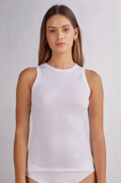 Topy|Bawełna>Intimissimi Koszulka w Prążki z Bawełny Superior biały - 001 - biały