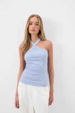 Topy|Bawełna>Intimissimi Koszulka w Prążki ze Skrzyżowanym Dekoltem z Bawełny Superior jasnoniebieski - 064k - breeze blue