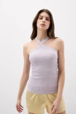 Topy|Bawełna>Intimissimi Koszulka w Prążki ze Skrzyżowanym Dekoltem z Bawełny Superior fioletowy - 056k - quartz lilac