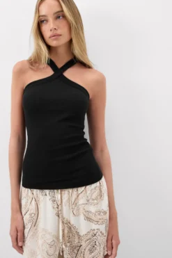Topy|Bawełna>Intimissimi Koszulka w Prążki ze Skrzyżowanym Dekoltem z Bawełny Superior czarny - 019 - czarny