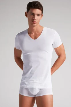 T-shirty>Intimissimi Koszulka z Mikrosiatki, z Niewykończonymi Brzegami biały - 001 - biały