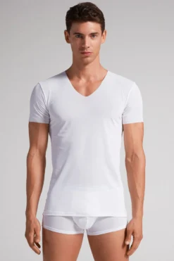 T-shirty>Intimissimi Koszulka z Mikrosiatki, z Niewykończonymi Brzegami biały - 001 - biały