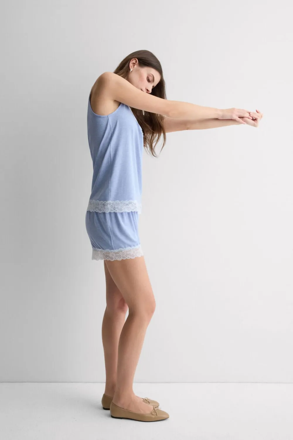 Piżamy Krótkie|Zestawy Piżam>Intimissimi Krótka Piżama Koszulka z Modalu z Koronką niebieski - 069k - breeze blue melange