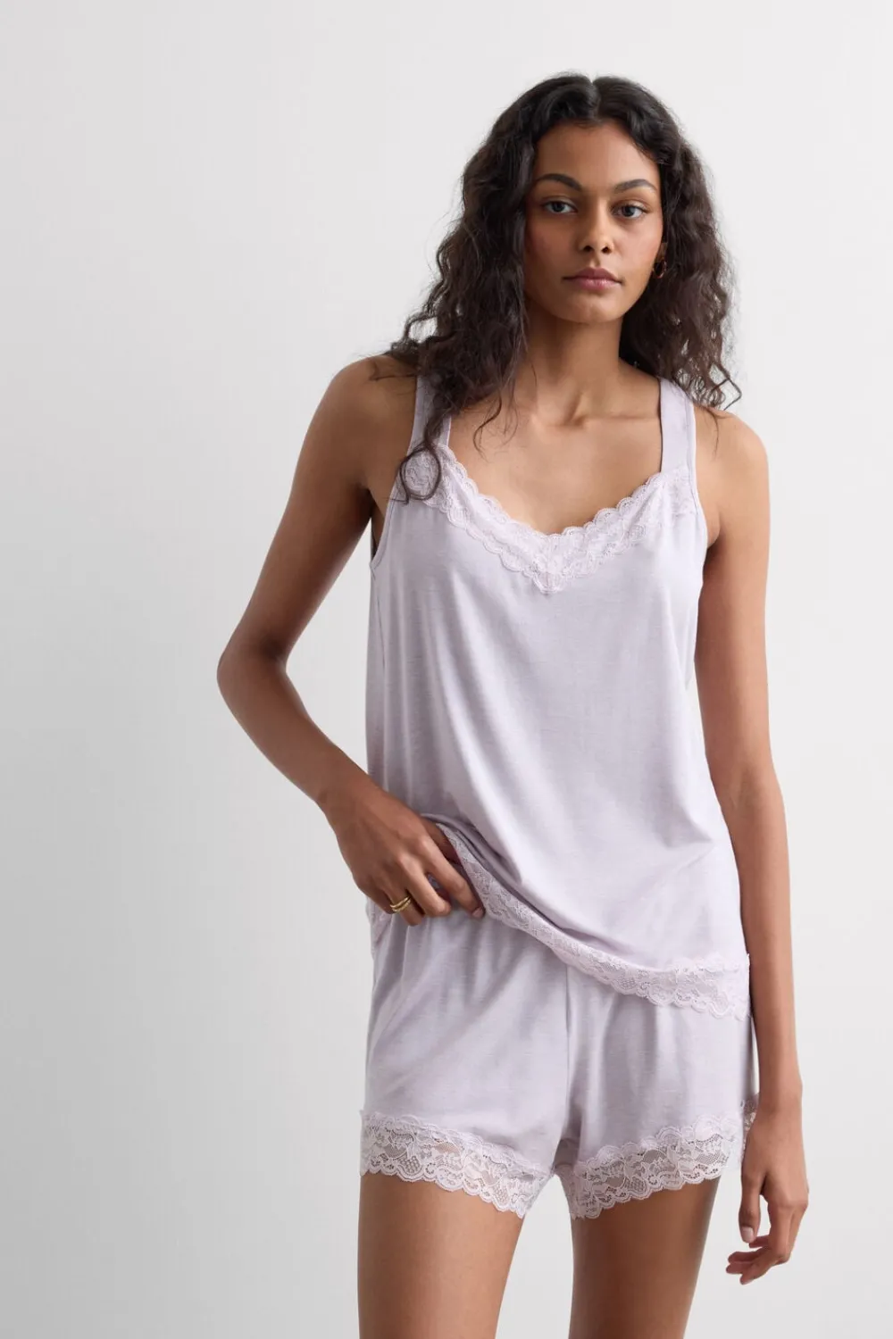 Piżamy Krótkie|Zestawy Piżam>Intimissimi Krótka Piżama Koszulka z Modalu z Koronką fioletowy - 068k - quartz lilac melange