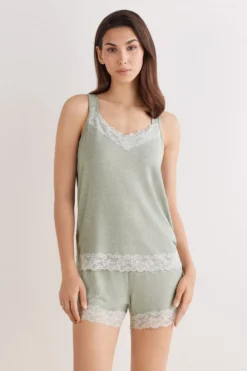 Piżamy Krótkie|Zestawy Piżam>Intimissimi Krótka Piżama Koszulka z Modalu z Koronką zielony - 949j - sage green melange