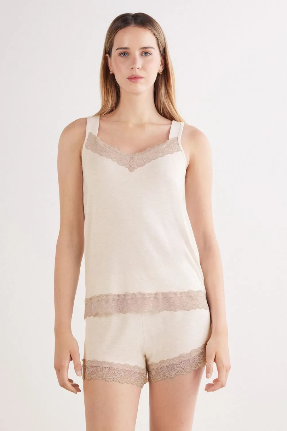 Piżamy Krótkie|Zestawy Piżam>Intimissimi Krótka Piżama Koszulka z Modalu z Koronką naturalny - 948j - beige melange