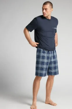 Piżamy Krótkie>Intimissimi Krótka Piżama z Bawełny i Płótna w Kratę - 959j - blu intenso/check azzurro