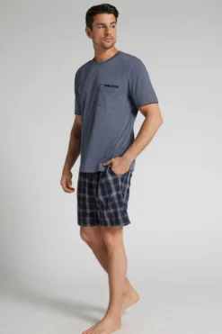 Piżamy Krótkie>Intimissimi Krótka Piżama z Bawełny i Płótna w Kratę w Kolorze Denimu niebieski - 5210 - denim melange