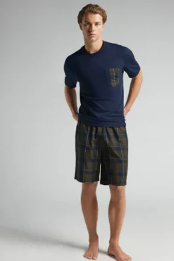 Piżamy Krótkie>Intimissimi Krótka Piżama z Bawełny i Płótna w Szkocką Kratę niebieski - 960j - blu notte/tartan verde militar