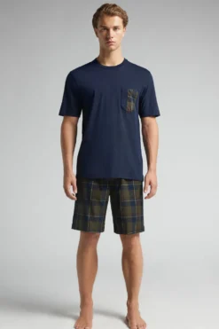 Piżamy Krótkie>Intimissimi Krótka Piżama z Bawełny i Płótna w Szkocką Kratę niebieski - 960j - blu notte/tartan verde militar