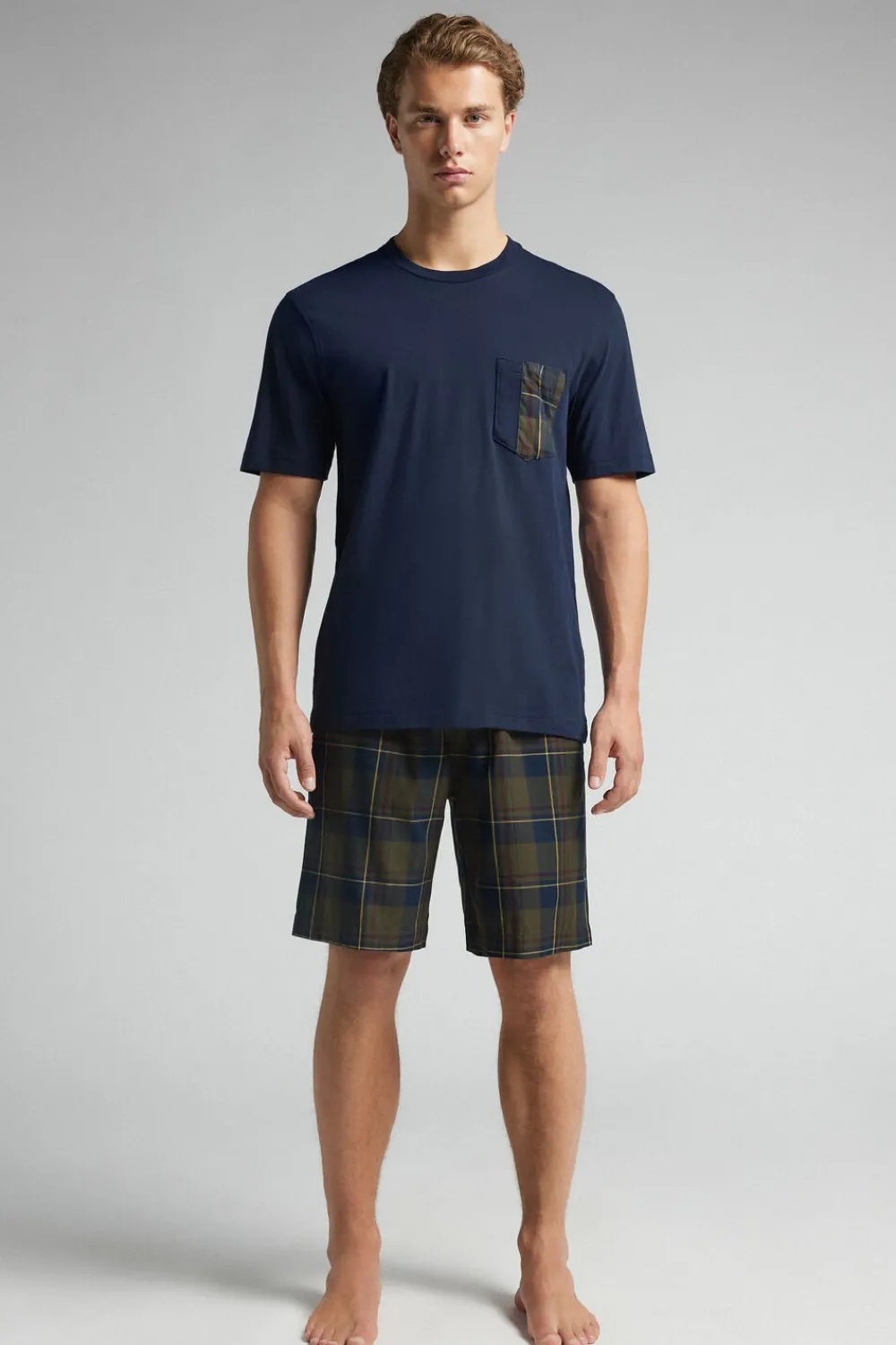 Piżamy Krótkie>Intimissimi Krótka Piżama z Bawełny i Płótna w Szkocką Kratę niebieski - 960j - blu notte/tartan verde militar