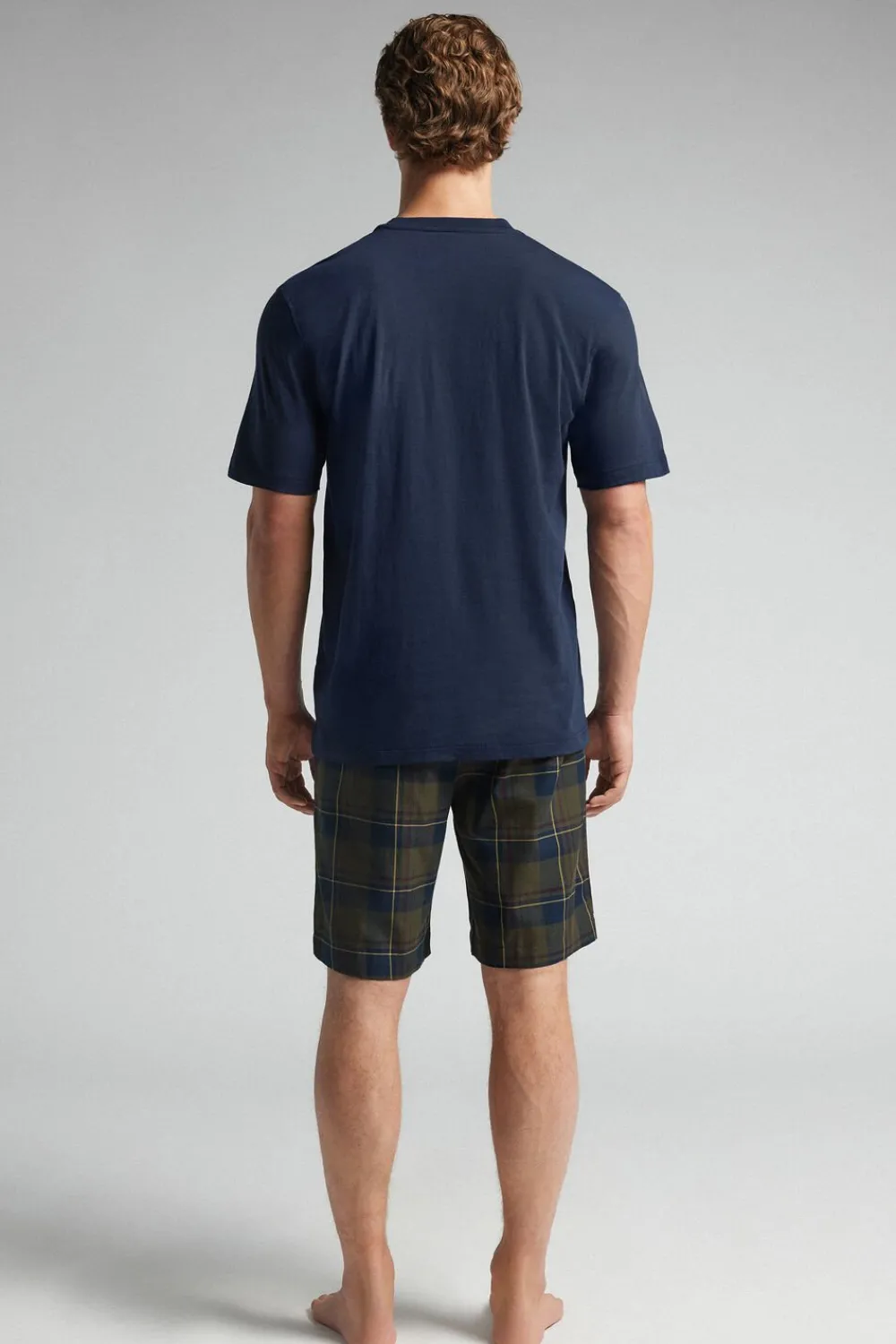 Piżamy Krótkie>Intimissimi Krótka Piżama z Bawełny i Płótna w Szkocką Kratę niebieski - 960j - blu notte/tartan verde militar
