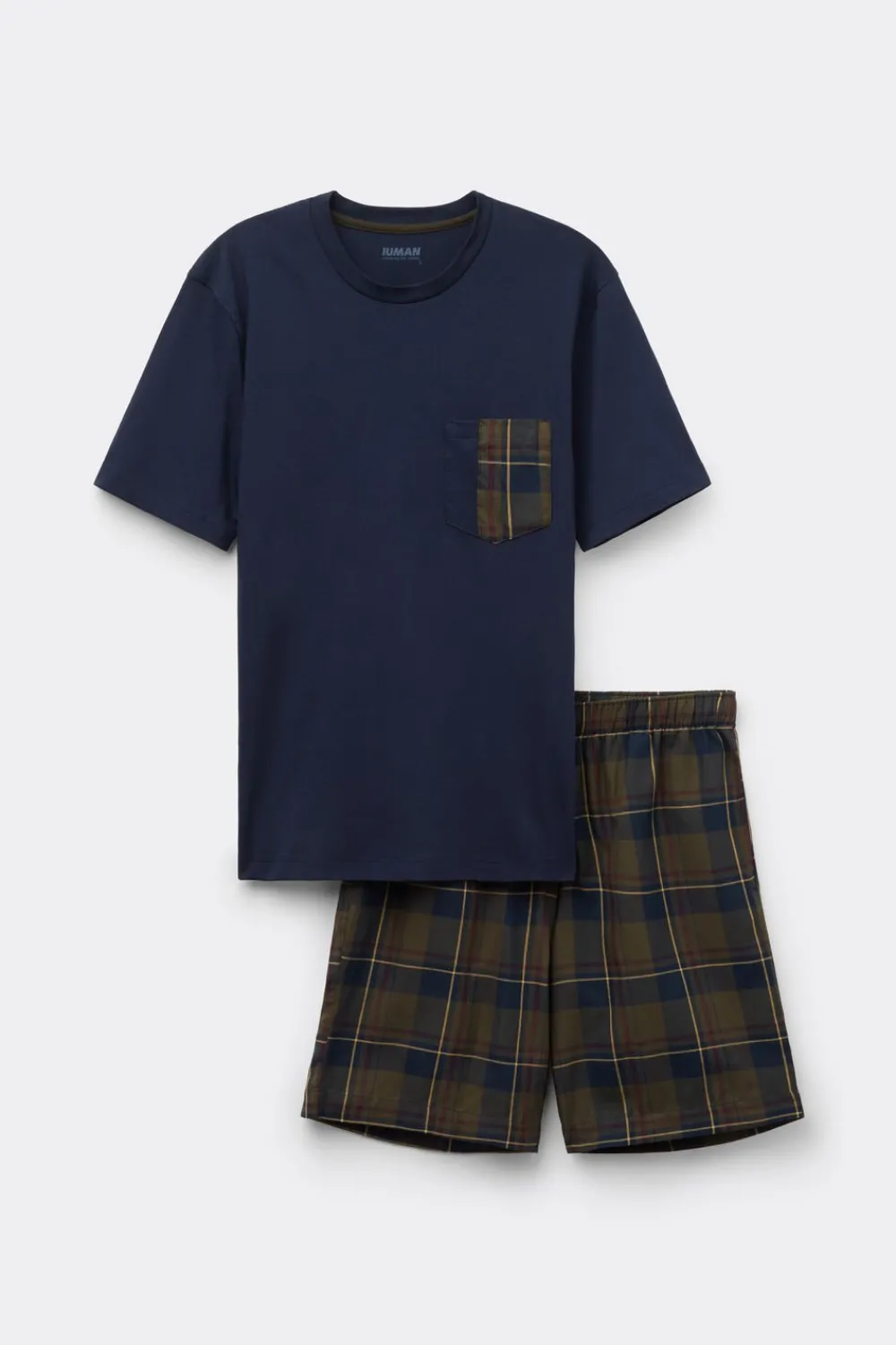 Piżamy Krótkie>Intimissimi Krótka Piżama z Bawełny i Płótna w Szkocką Kratę niebieski - 960j - blu notte/tartan verde militar