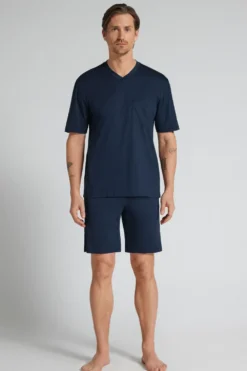 Piżamy Krótkie|Merceryzowana Bawełna Filo Premium>Intimissimi Krótka Piżama z Merceryzowanej Bawełny filo Premium niebieski - 490j - blu navy