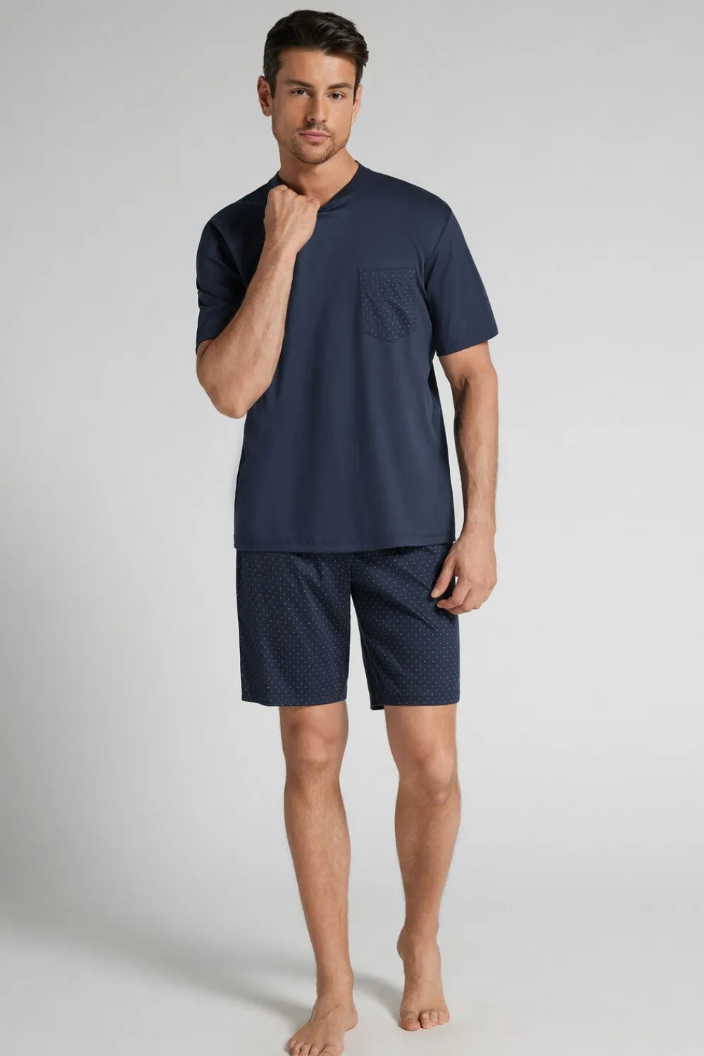 Piżamy Krótkie|Merceryzowana Bawełna Filo Premium>Intimissimi Krótka Piżama z Merceryzowanej Bawełny filo Premium z Nadrukiem w Groszki niebieski - 490j - blu navy