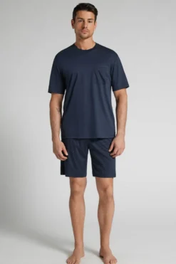 Piżamy Krótkie|Merceryzowana Bawełna Filo Premium>Intimissimi Krótka Piżama z Merceryzowanej Bawełny filo Premium z Nadrukiem w Groszki niebieski - 490j - blu navy