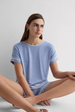 Piżamy Krótkie|Zestawy Piżam>Intimissimi Krótka Piżama z Modalu z Koronką niebieski - 069k - breeze blue melange