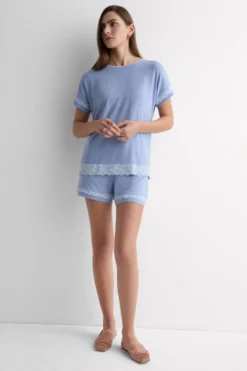 Piżamy Krótkie|Zestawy Piżam>Intimissimi Krótka Piżama z Modalu z Koronką niebieski - 069k - breeze blue melange