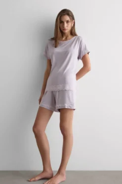 Piżamy Krótkie|Zestawy Piżam>Intimissimi Krótka Piżama z Modalu z Koronką fioletowy - 068k - quartz lilac melange