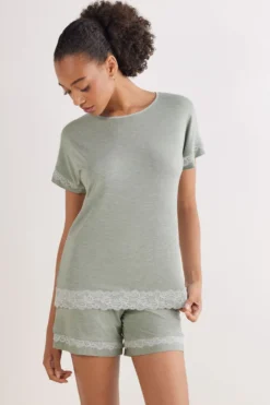 Piżamy Krótkie|Zestawy Piżam>Intimissimi Krótka Piżama z Modalu z Koronką zielony - 949j - sage green melange