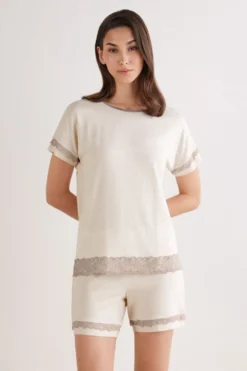 Piżamy Krótkie|Zestawy Piżam>Intimissimi Krótka Piżama z Modalu z Koronką naturalny - 948j - beige melange