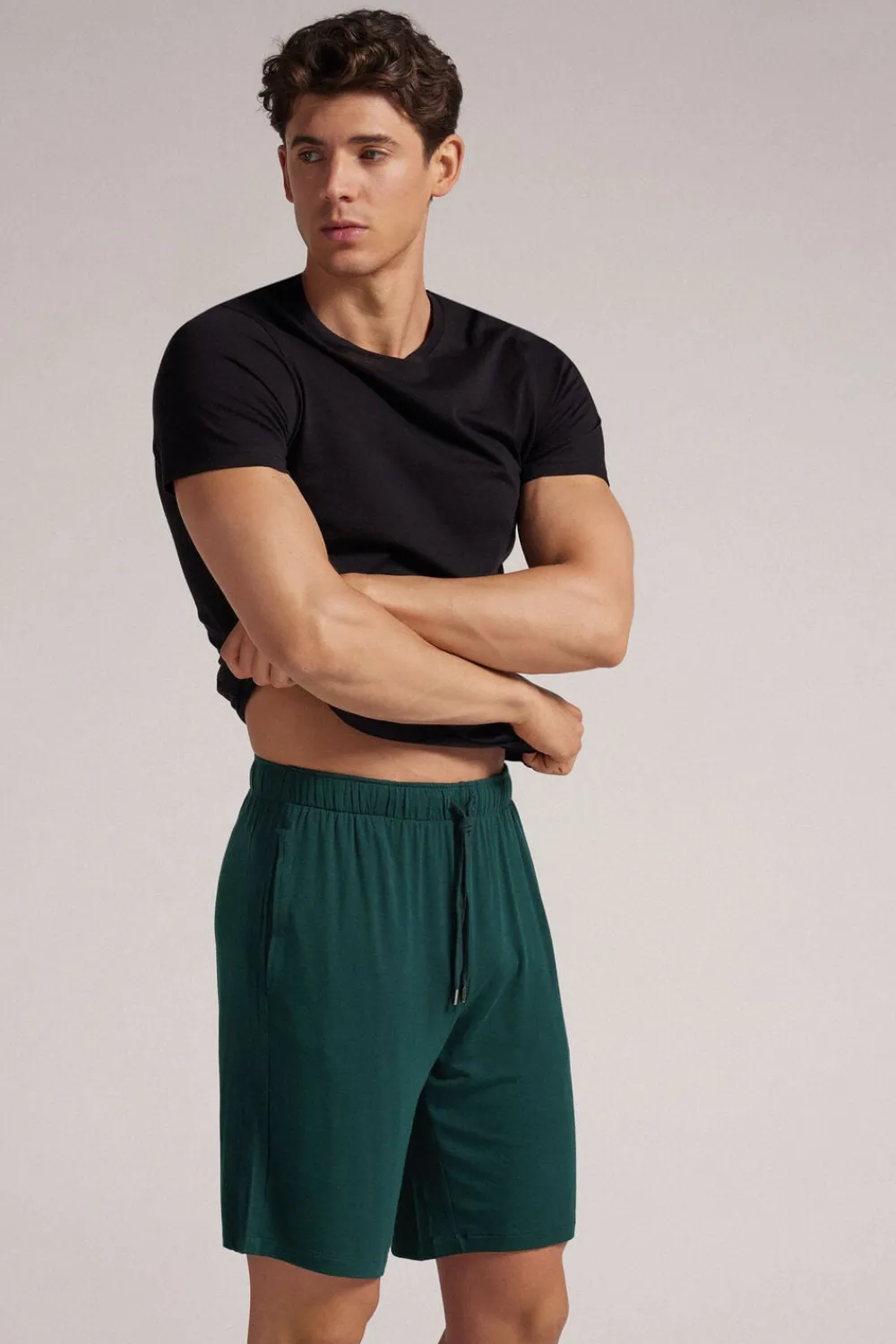 Spodnie|Soft Silk>Intimissimi Krótkie spodenki męskie z jedwabiu zielony - 132j - verde scuro