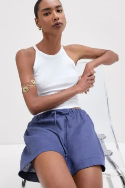 Legginsy / Spodnie|Len>Intimissimi Krótkie Spodenki zPłótna Lnianego The Pure Linen niebieski - 167k - denim blue
