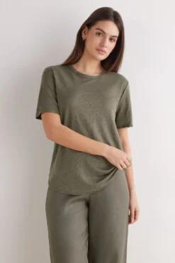 T-shirty|Len>Intimissimi Lniana Bluzka z Krótkim Rękawem The Pure Linen zielony - 660j - safari green