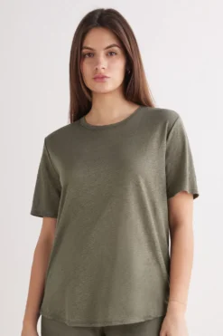 T-shirty|Len>Intimissimi Lniana Bluzka z Krótkim Rękawem The Pure Linen zielony - 660j - safari green