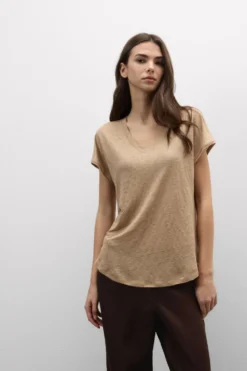 T-shirty|Len>Intimissimi Lniana Bluzka zKrótkim Rękawem iDekoltem wSerek The Pure Linen beige - 166k - beige sabbia