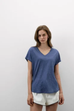 T-shirty|Len>Intimissimi Lniana Bluzka zKrótkim Rękawem iDekoltem wSerek The Pure Linen niebieski - 167k - denim blue