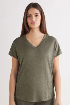 T-shirty|Len>Intimissimi Lniana Bluzka zKrótkim Rękawem iDekoltem wSerek The Pure Linen zielony - 660j - safari green
