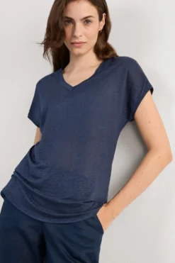 T-shirty|Len>Intimissimi Lniana Bluzka zKrótkim Rękawem iDekoltem wSerek The Pure Linen - 243j - sailor blue