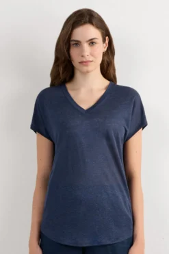 T-shirty|Len>Intimissimi Lniana Bluzka zKrótkim Rękawem iDekoltem wSerek The Pure Linen - 243j - sailor blue