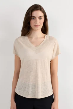 T-shirty|Len>Intimissimi Lniana Bluzka zKrótkim Rękawem iDekoltem wSerek The Pure Linen naturalny - 913i - cord beige