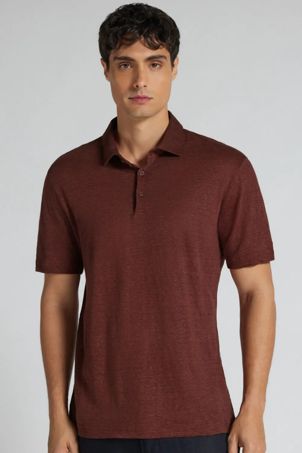 Polo|Len>Intimissimi Lniana Koszulka Polo z Krótkim Rękawem brązowy - 128k - rosso india