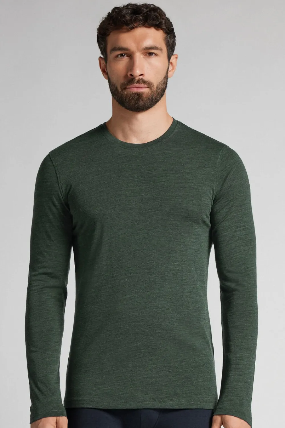 Bluzki Z Długim Rękawem|Wełna Merino>Intimissimi Longsleeve męski z wełny merino - 981j - verde scuro melange