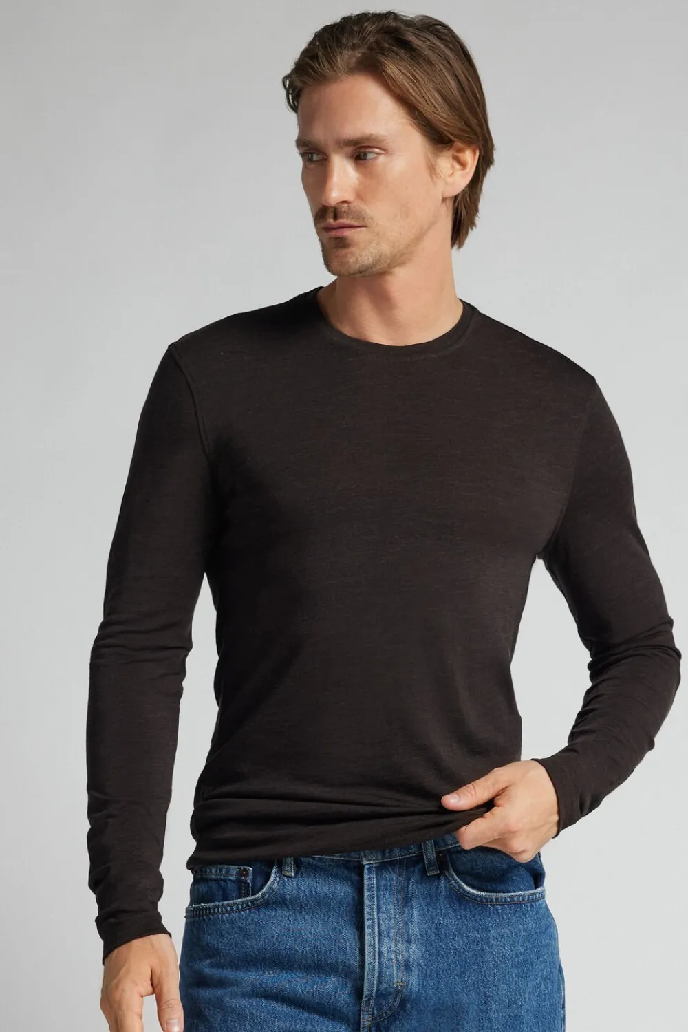 Bluzki Z Długim Rękawem|Wełna Merino>Intimissimi Longsleeve męski z wełny merino - 775j - brown melange