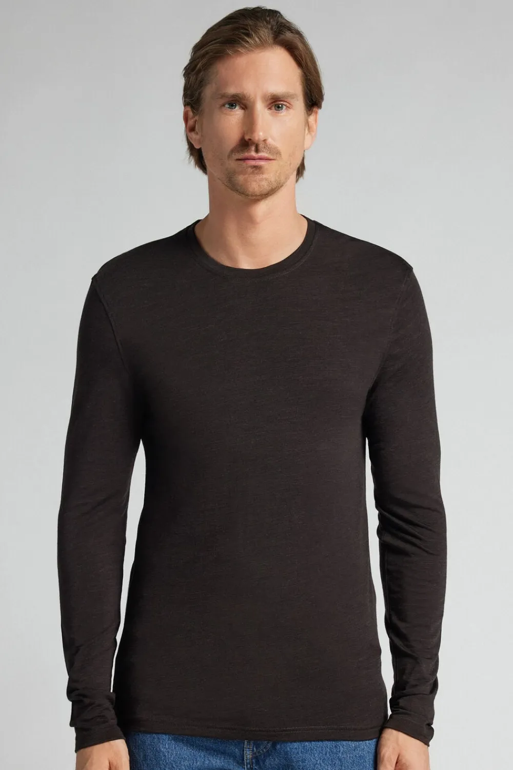Bluzki Z Długim Rękawem|Wełna Merino>Intimissimi Longsleeve męski z wełny merino - 775j - brown melange