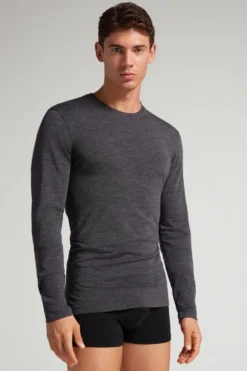 Bluzki Z Długim Rękawem|Wełna Merino>Intimissimi Longsleeve męski z wełny merino ciemnoszary - 7522 - antracyt melanż
