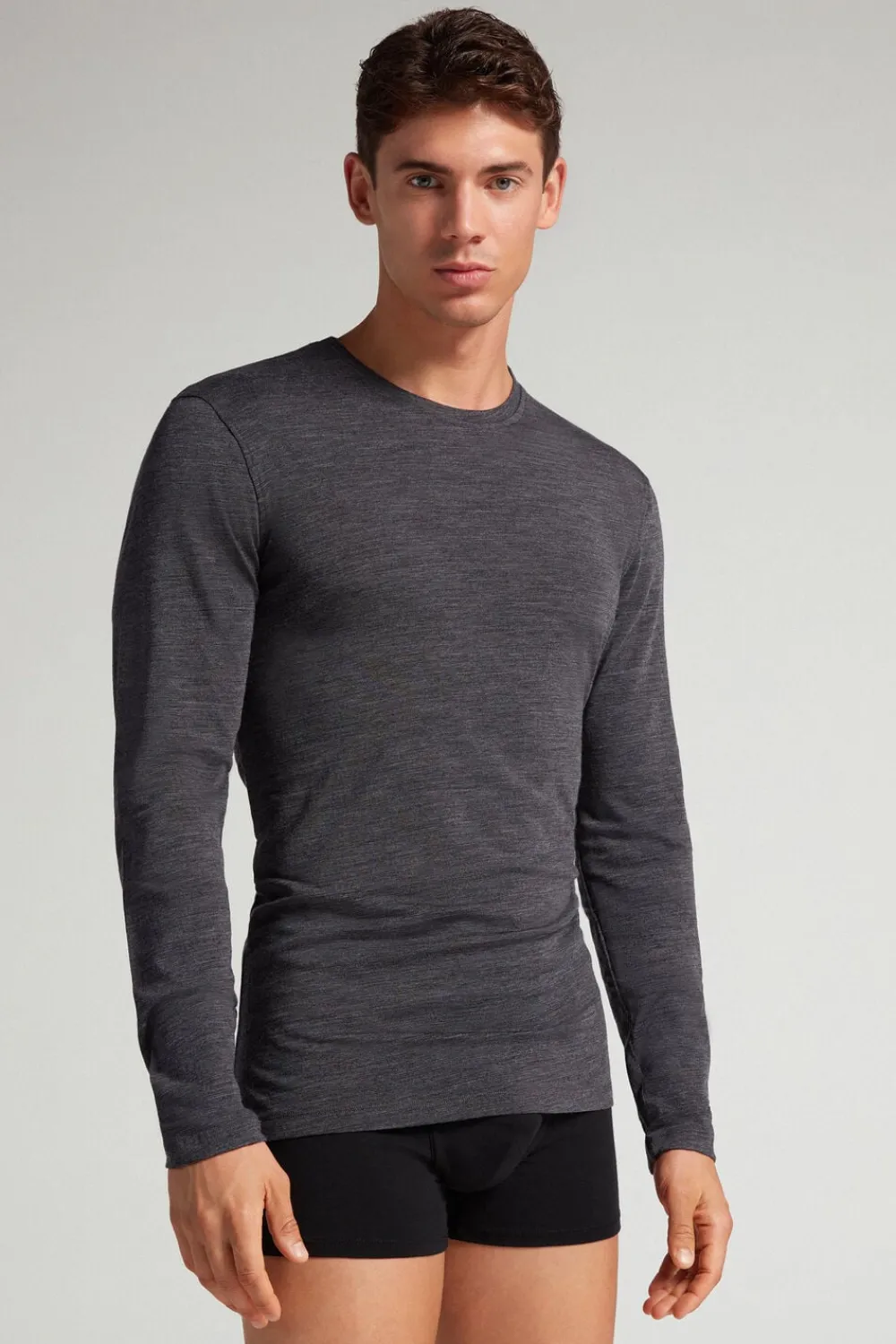 Bluzki Z Długim Rękawem|Wełna Merino>Intimissimi Longsleeve męski z wełny merino ciemnoszary - 7522 - antracyt melanż