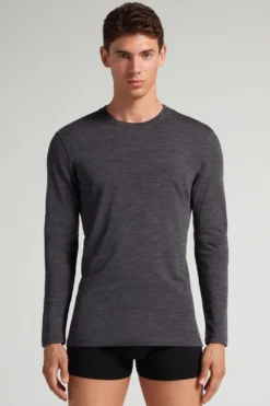 Bluzki Z Długim Rękawem|Wełna Merino>Intimissimi Longsleeve męski z wełny merino ciemnoszary - 7522 - antracyt melanż