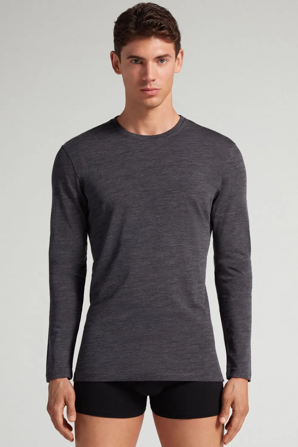Bluzki Z Długim Rękawem|Wełna Merino>Intimissimi Longsleeve męski z wełny merino ciemnoszary - 7522 - antracyt melanż
