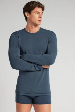 Bluzki Z Długim Rękawem|Kolekcja Termiczna Z Kaszmirem>Intimissimi Longsleeve z Modalu z Kaszmirem z Dekoltem Pod Szyję niebieski - 3120 - blu ink melange