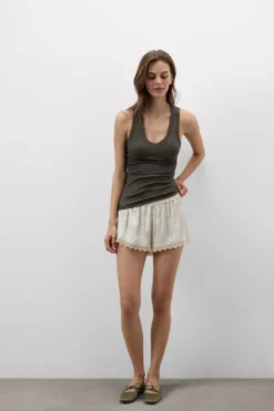Topy|Bawełna Lamé>Intimissimi Prążkowana Koszulka z Dekoltem w Serek z Bawełny Lamè zielony - 096k - safari green lame'