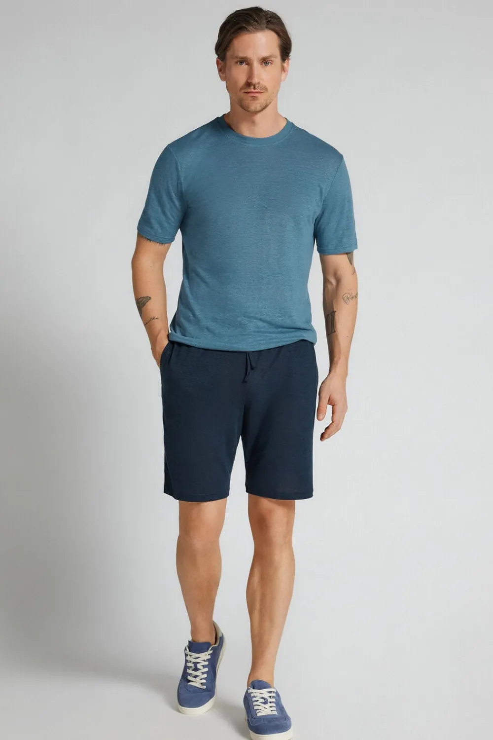 Spodnie|Len>Intimissimi Spodenki Męskie 100% Len niebieski - 585j - blu oceano